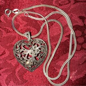 Sterling Silver Heart Pendant Necklace pendant 925 Italy Marcasites vintage 17”